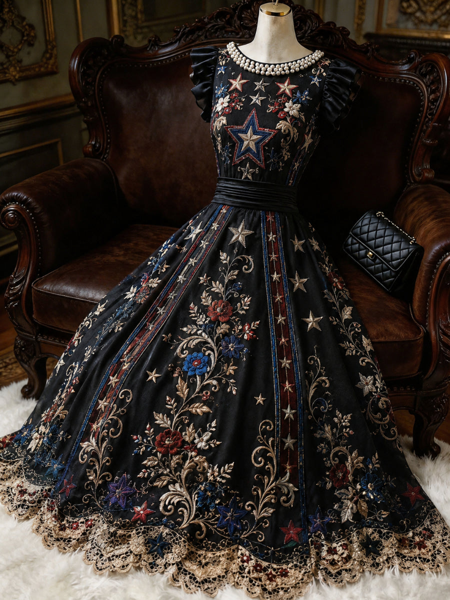 Retro Floral Art Printed Elegant V-Neck Ruffled Sleeves Maxi Dress